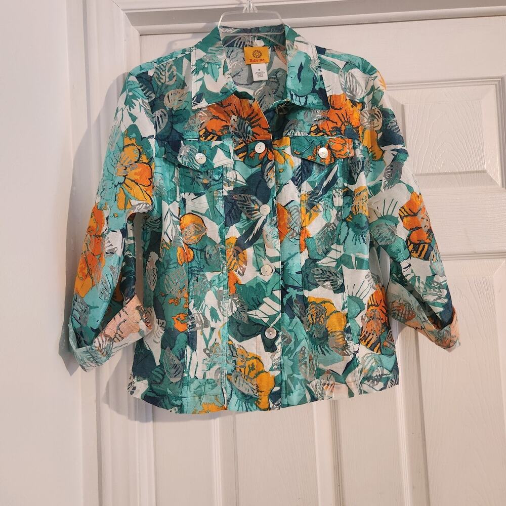 Ruby Rd Women's Blouse/Jacket Semi-Sheer Floral Roll Ip Sleeves 8
